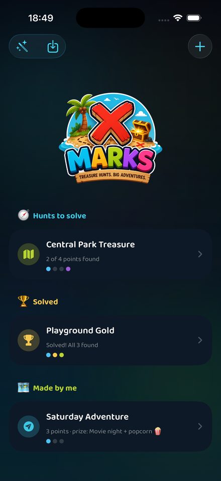 X-Marks home screen with treasure hunts to solve